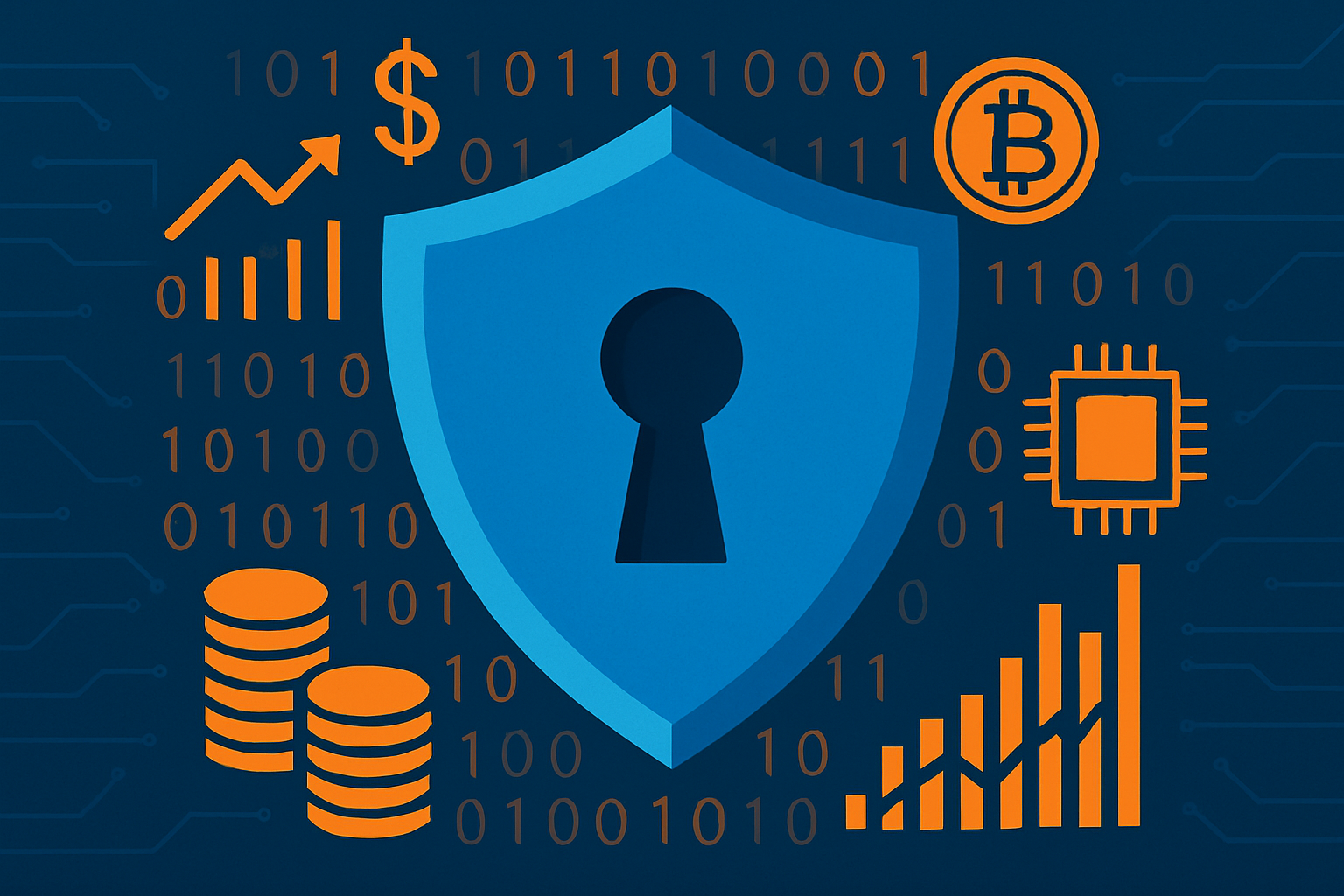 Illustration of a digital security shield surrounded by financial and technology icons including binary code, Bitcoin symbol, dollar sign, microchip, stacked coins, and growth charts.