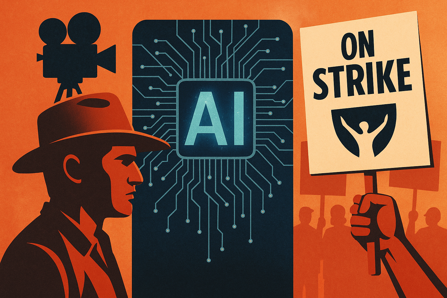 A symbolic illustration showing a film director on one side, an AI chip in the center, and a protest sign with a raised fist reading “On Strike” on the other side, representing the clash between artificial intelligence and labor unions in Hollywood.