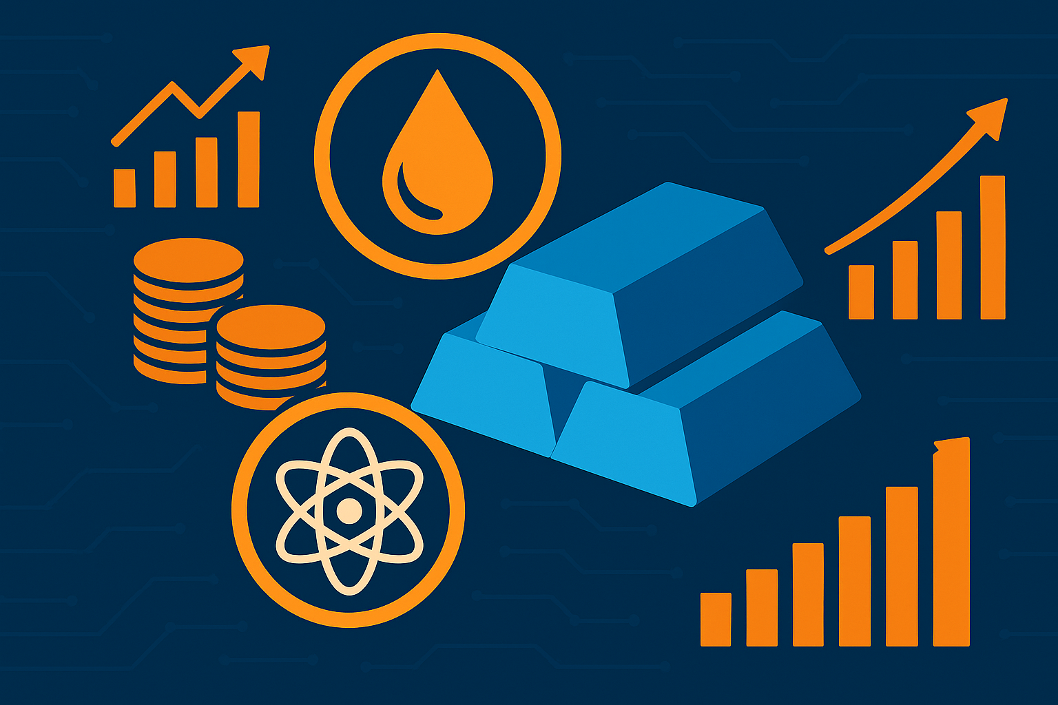 Vector illustration of blue metal ingots, orange coin stacks, oil drop, atomic symbol, and upward-trending charts on a dark tech-themed background, symbolizing the convergence of energy and metals trading.