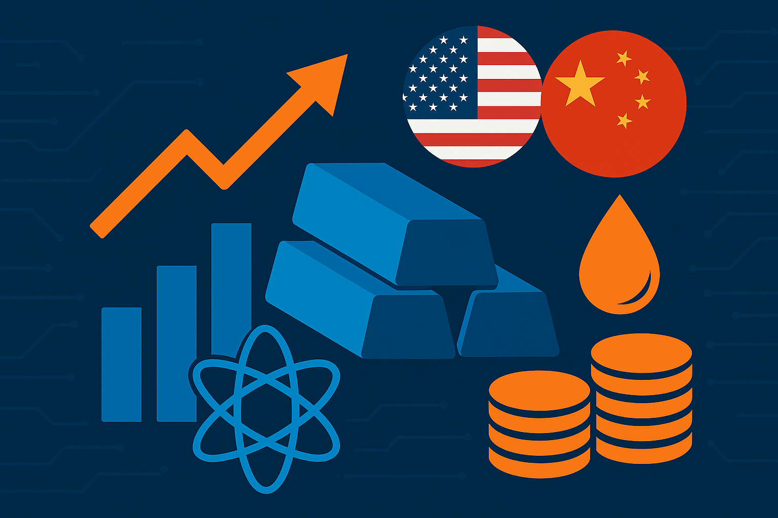Vector illustration featuring U.S. and China flags, blue metal ingots, orange coin stacks, upward arrow, oil droplet, atomic symbol, and rising bar charts on a dark circuit-patterned background—symbolizing trade talks and market tensions.