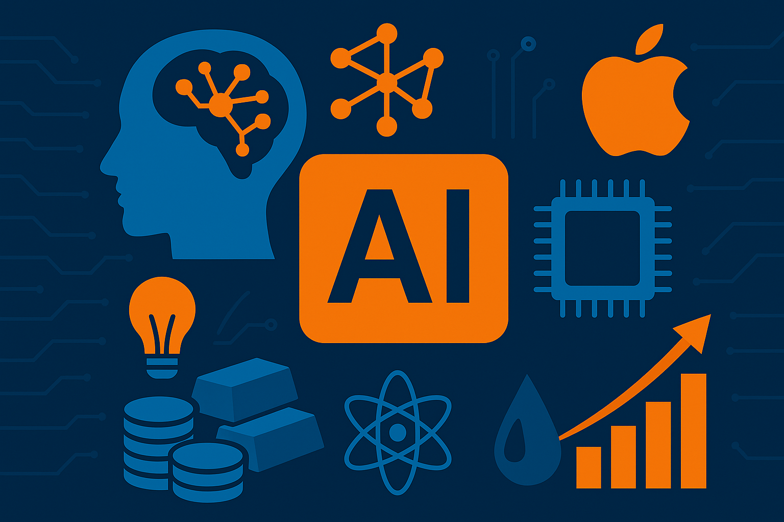 Flat-style vector illustration showing AI-related icons including a neural-network human head, a chip, the Apple logo, bar chart, lightbulb, atomic symbol, and metallic ingots on a circuit-lined dark background, all in vibrant orange and blue.