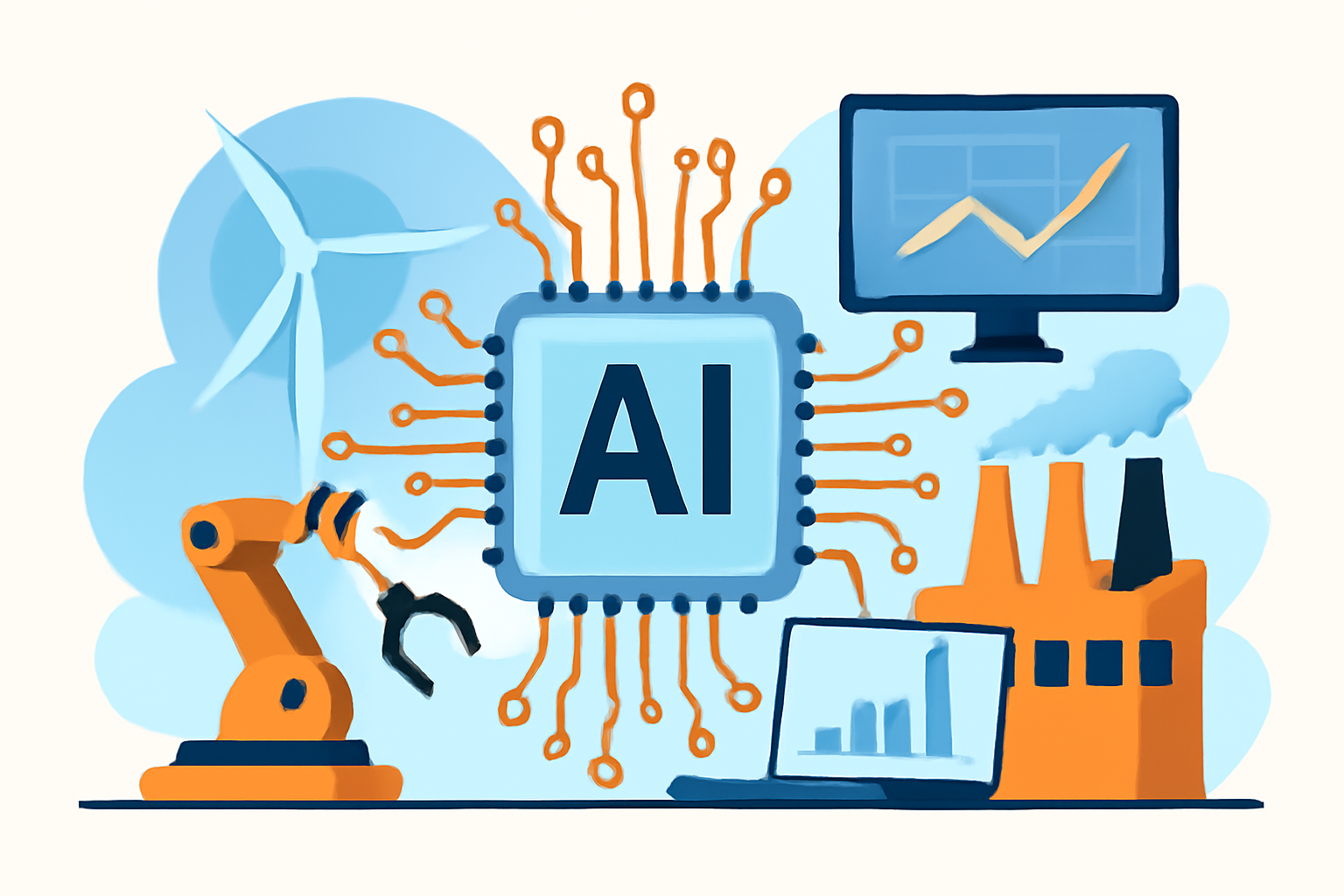 A digital illustration symbolizing AI’s role in various industries, connecting a central microchip labeled "AI" to icons representing wind energy, robotics, manufacturing, and data analysis.