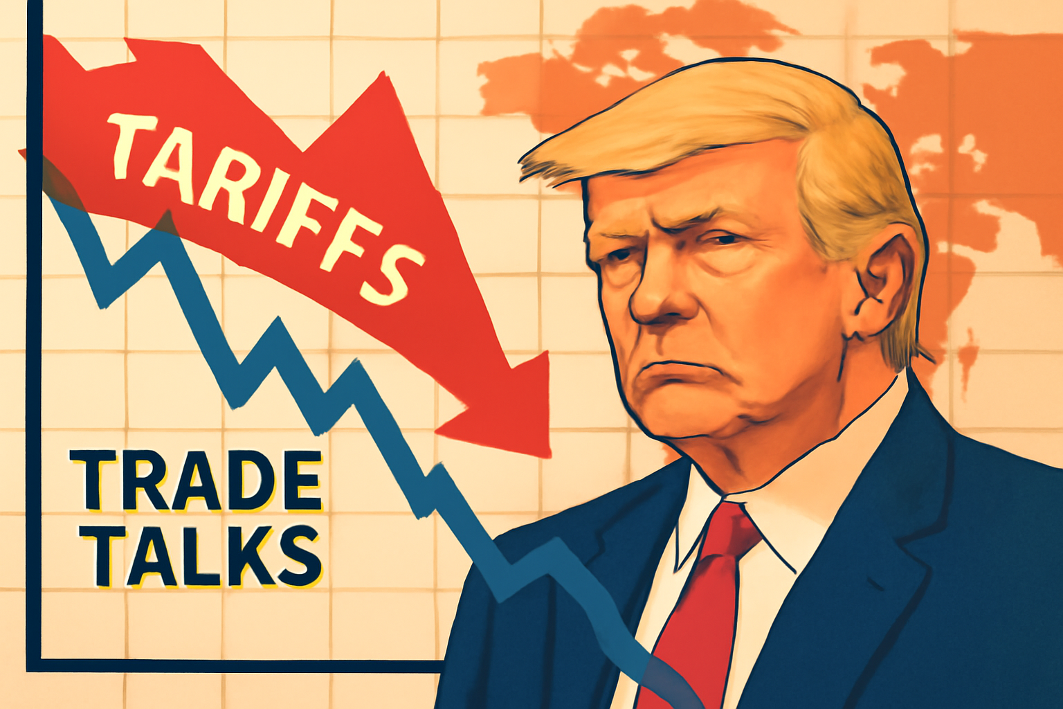 Illustration showing a downward stock market trend influenced by Trump's tariff threats with his stern portrait beside the chart.