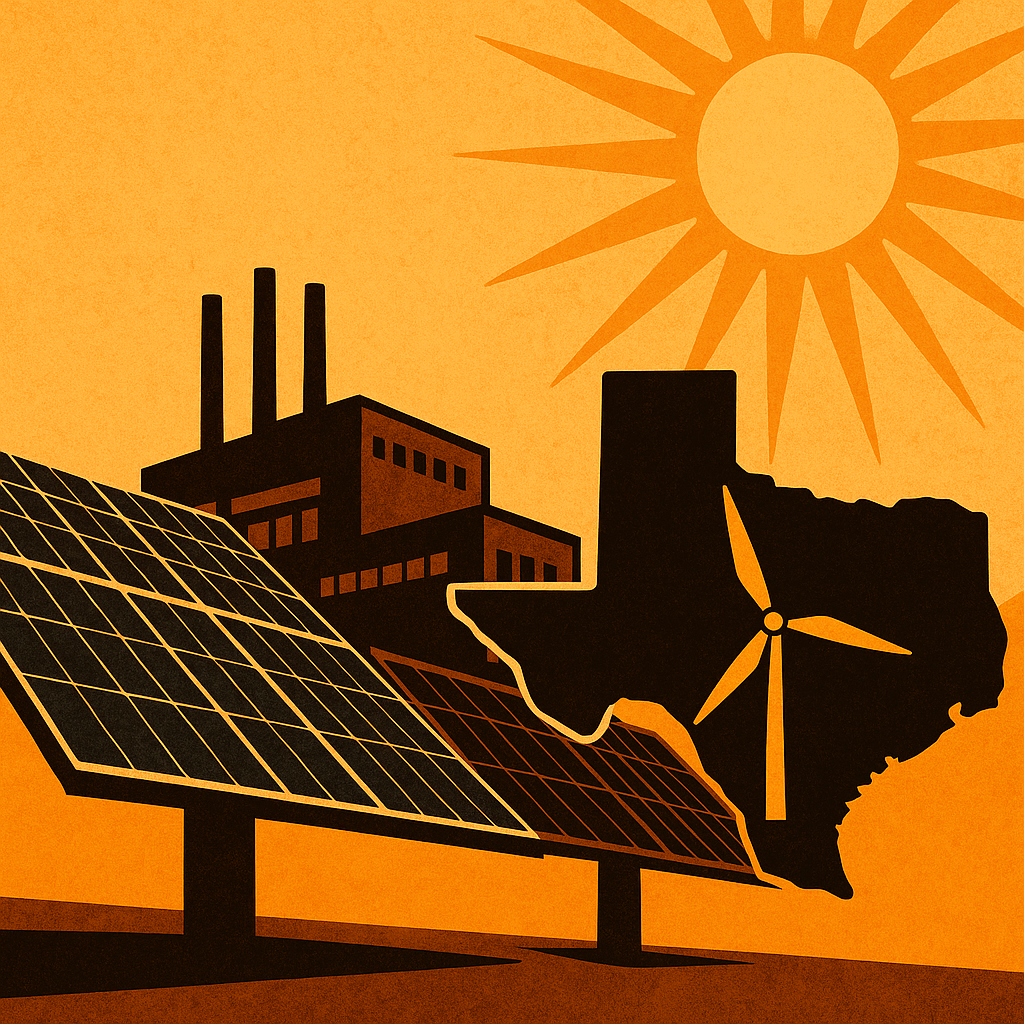 Illustration of solar panels, a factory, and a silhouette of Texas with a wind turbine inside, under a bright sun—symbolizing renewable energy manufacturing in Texas.