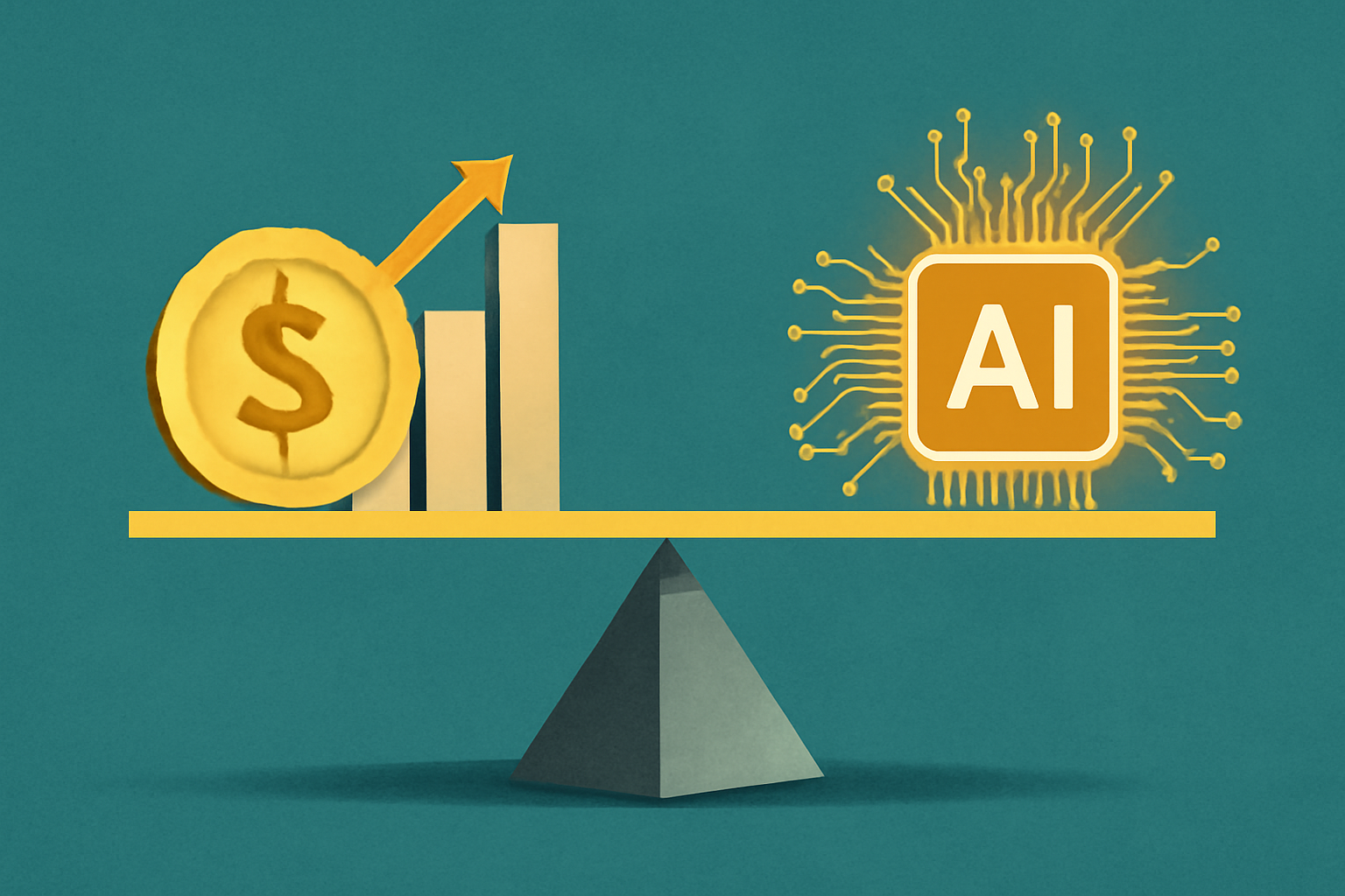 A financial scale balancing a dollar coin and bar chart on one side with a glowing AI chip on the other.