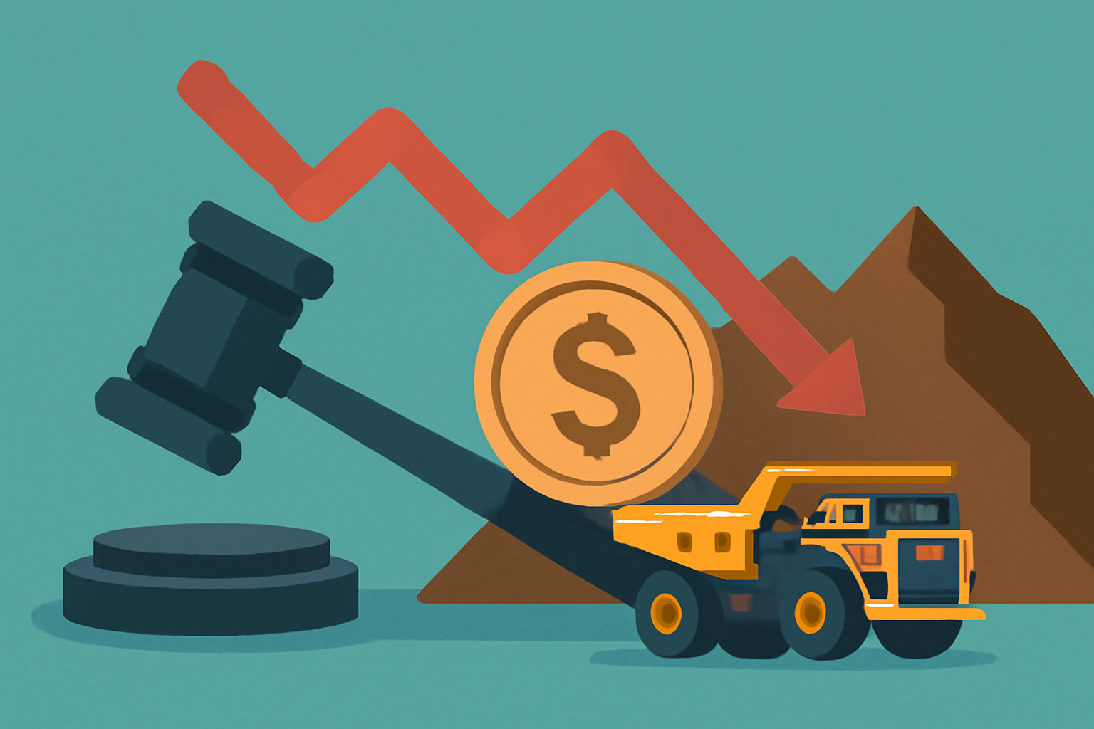 A symbolic illustration of a mining truck, gavel, copper coin, and a downward stock chart set against brown mountains.