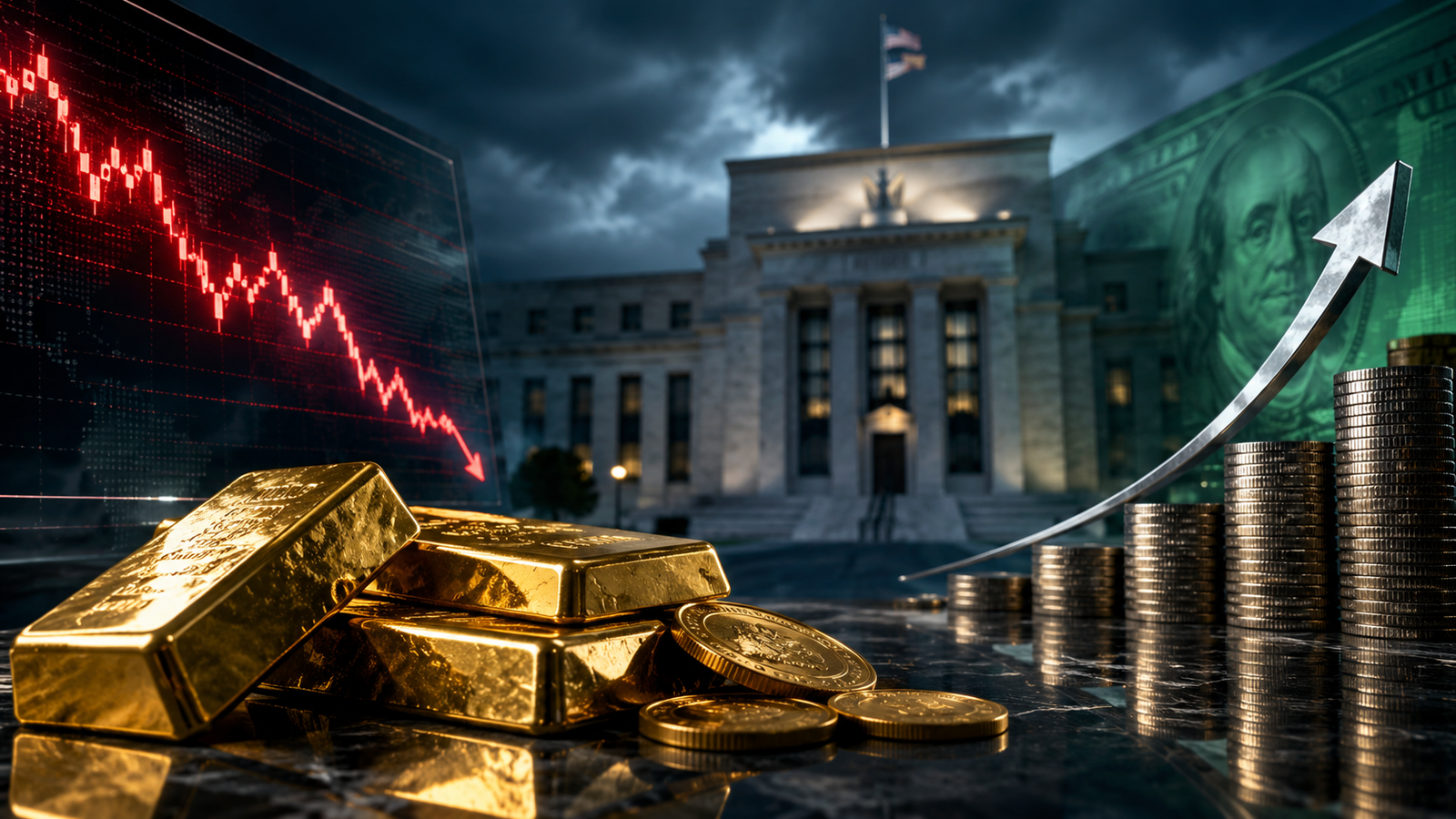 Gold bars and coins sit in front of a blurred central bank building, with a red falling market chart on one side and rising dollar-linked coin stacks on the other.