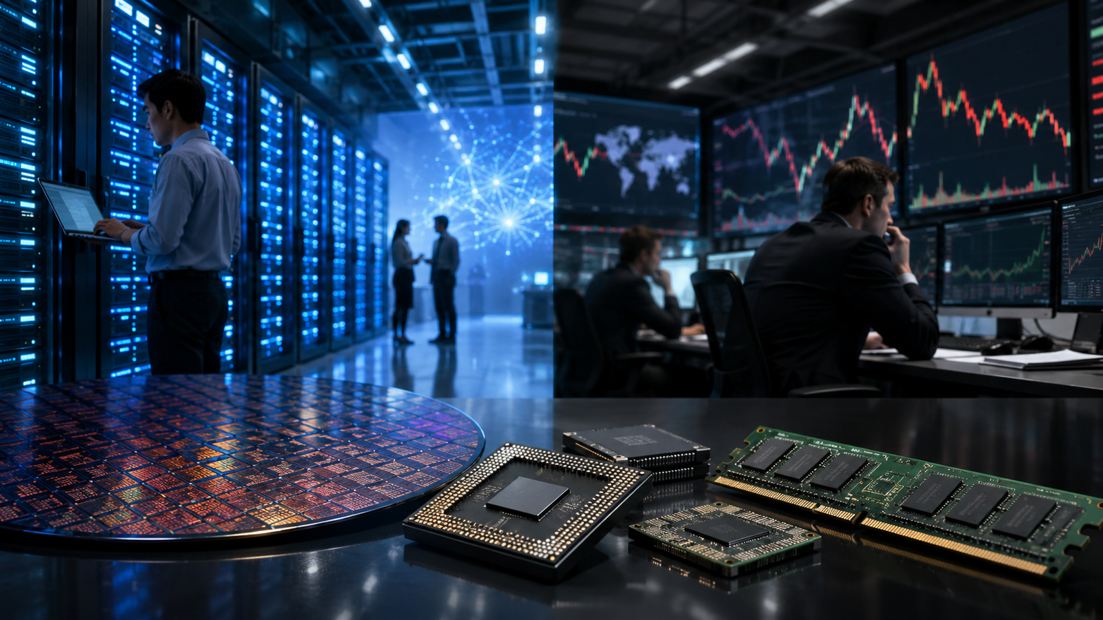 Advanced semiconductor chips, silicon wafers and memory modules sit beside AI server racks and a trading desk, symbolizing strong AI demand and rising valuation concerns.