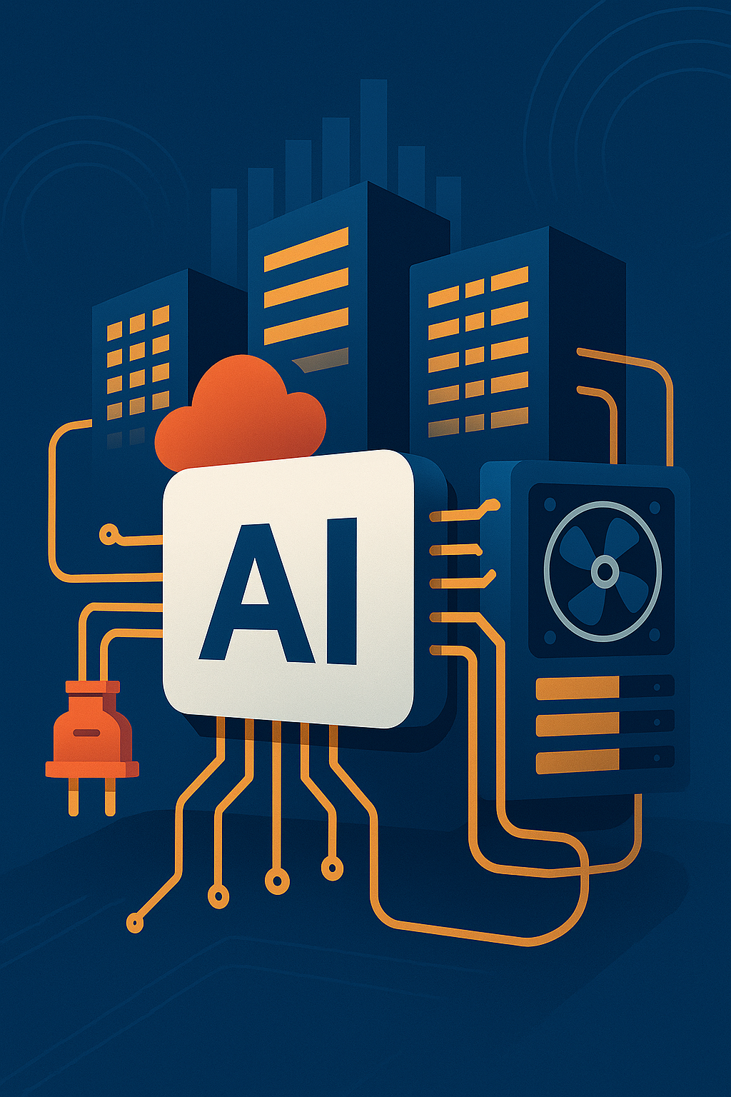 Illustration of an AI microchip connected to power cables and servers in a modern data center environment.