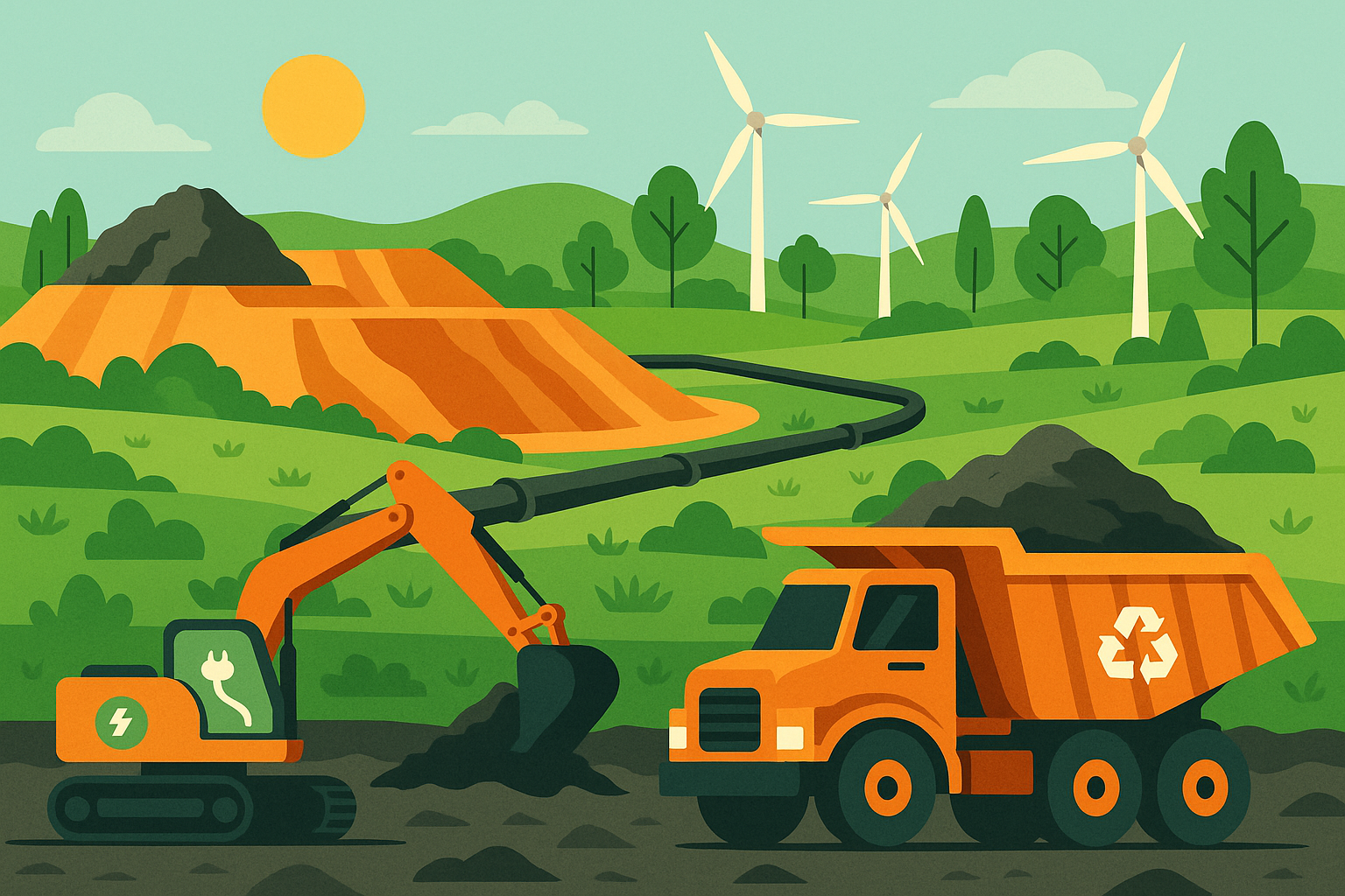 Illustration of a green mining site with electric excavator, dump truck, slurry pipeline, and wind turbines in a lush landscape