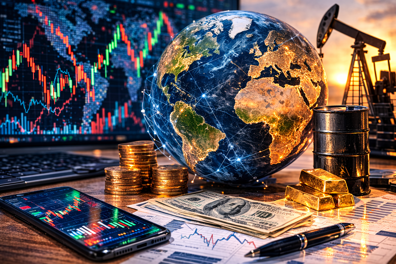 Photorealistic global markets scene with an illuminated globe, live stock charts, oil barrel, pump jack, currency, and commodities arranged on a trading desk.