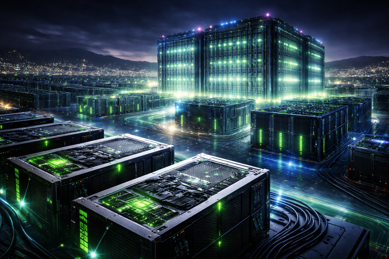 Photorealistic nighttime view of a large AI data center complex with glowing server units and advanced computing hardware, symbolizing large-scale GPU cloud infrastructure and AI expansion.