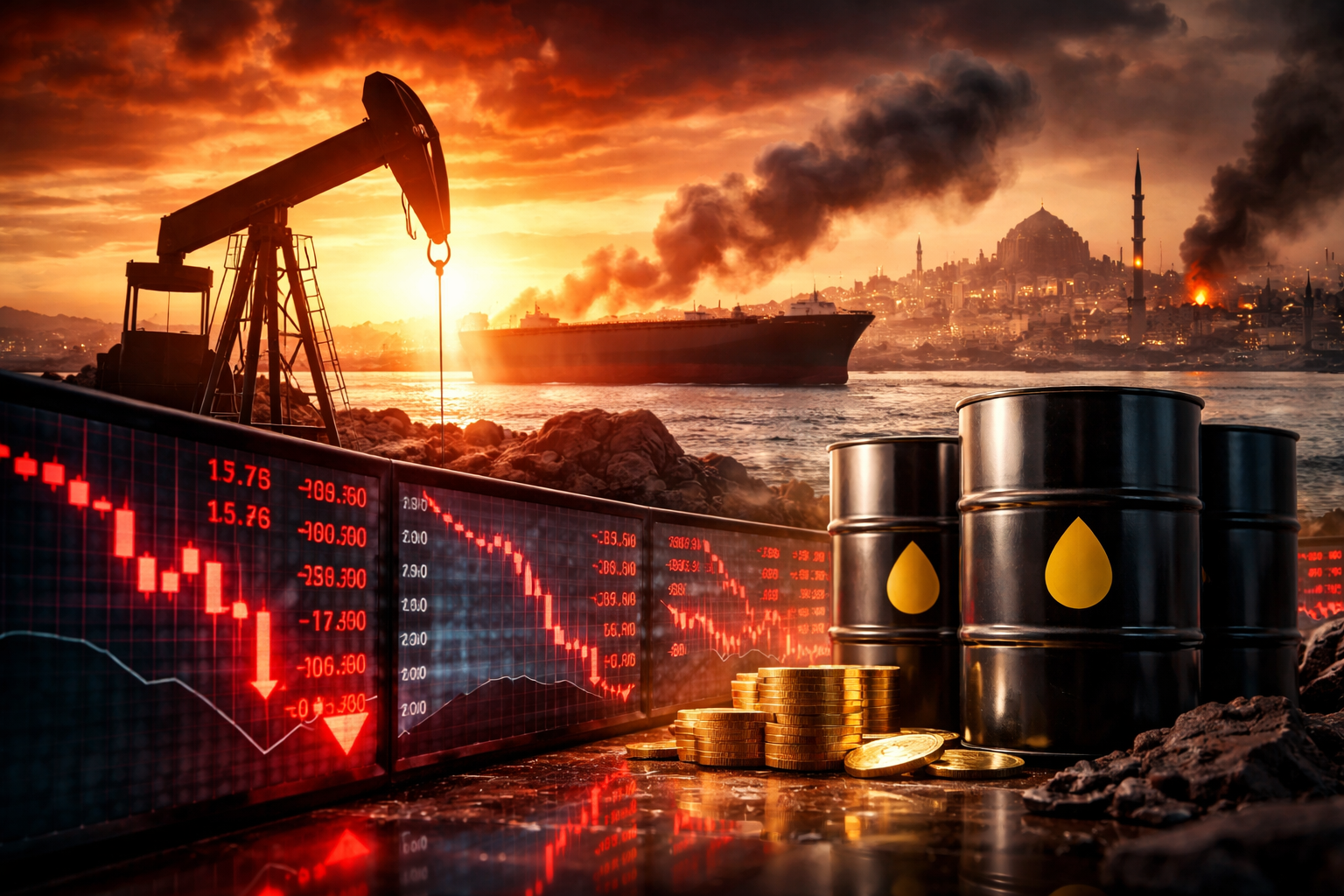 Photorealistic scene showing an oil pumpjack, an oil tanker, black crude barrels, and falling stock market charts against a tense Middle Eastern waterfront at sunset.
