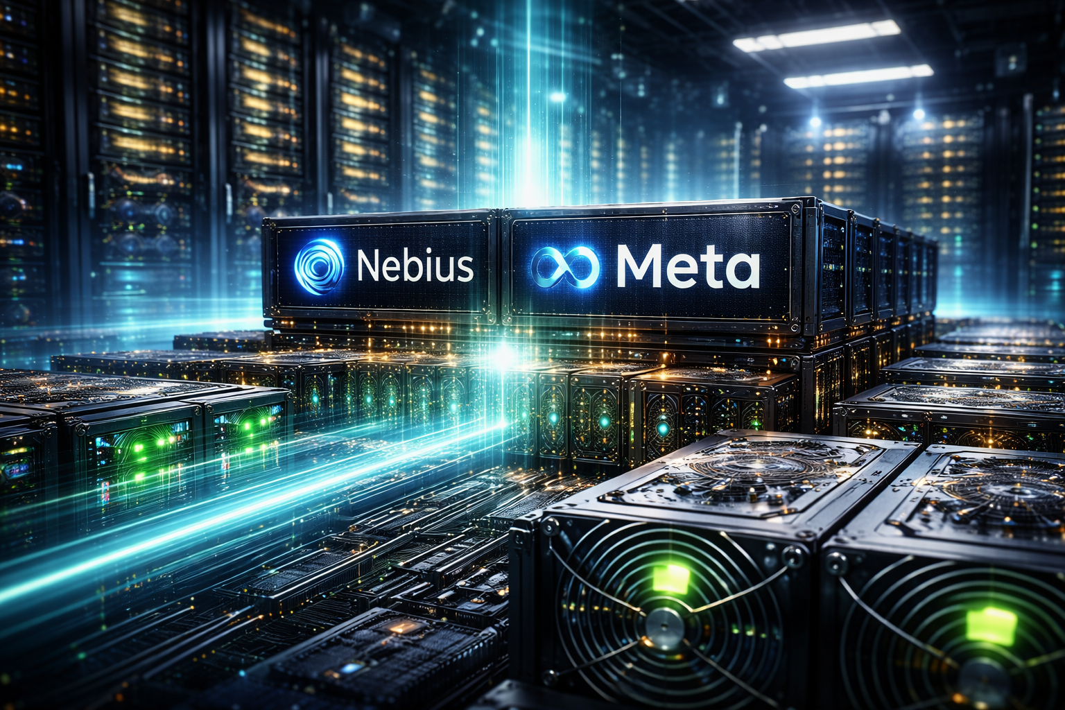 Photorealistic image of a large AI data center with illuminated server racks and high-performance computing hardware, symbolizing a major cloud infrastructure partnership tied to Meta’s expanding artificial intelligence ambitions.