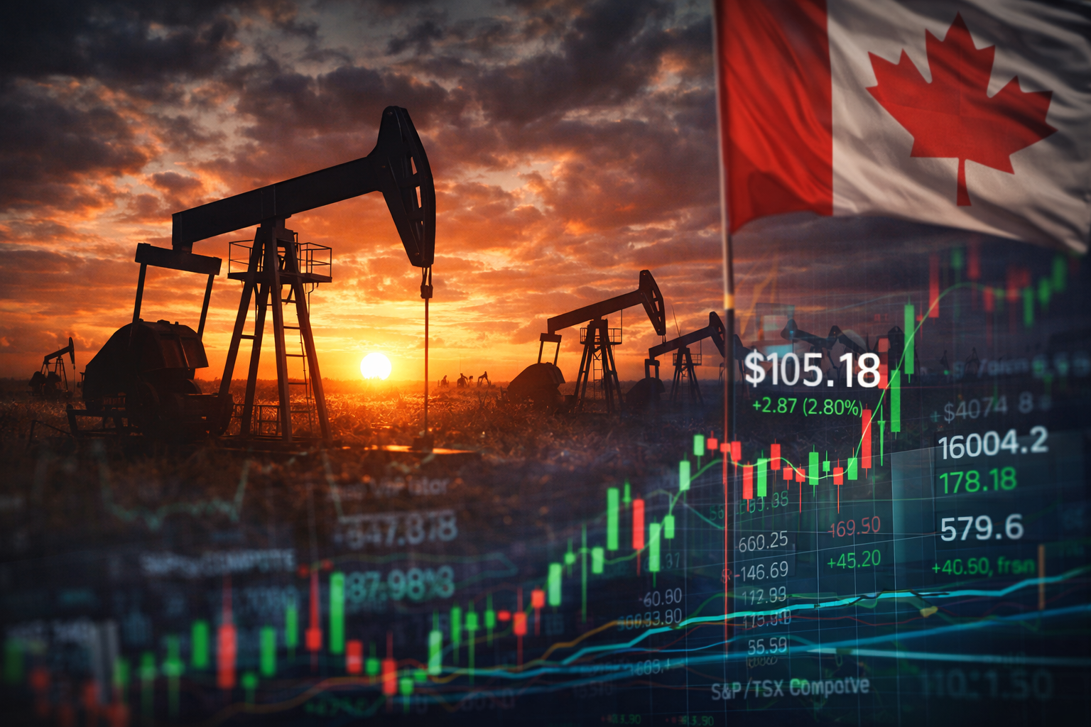 Photorealistic image of oil pump jacks at sunset with a Canadian market theme, symbolizing rising crude prices, energy-sector strength, and renewed inflation concerns affecting TSX futures.