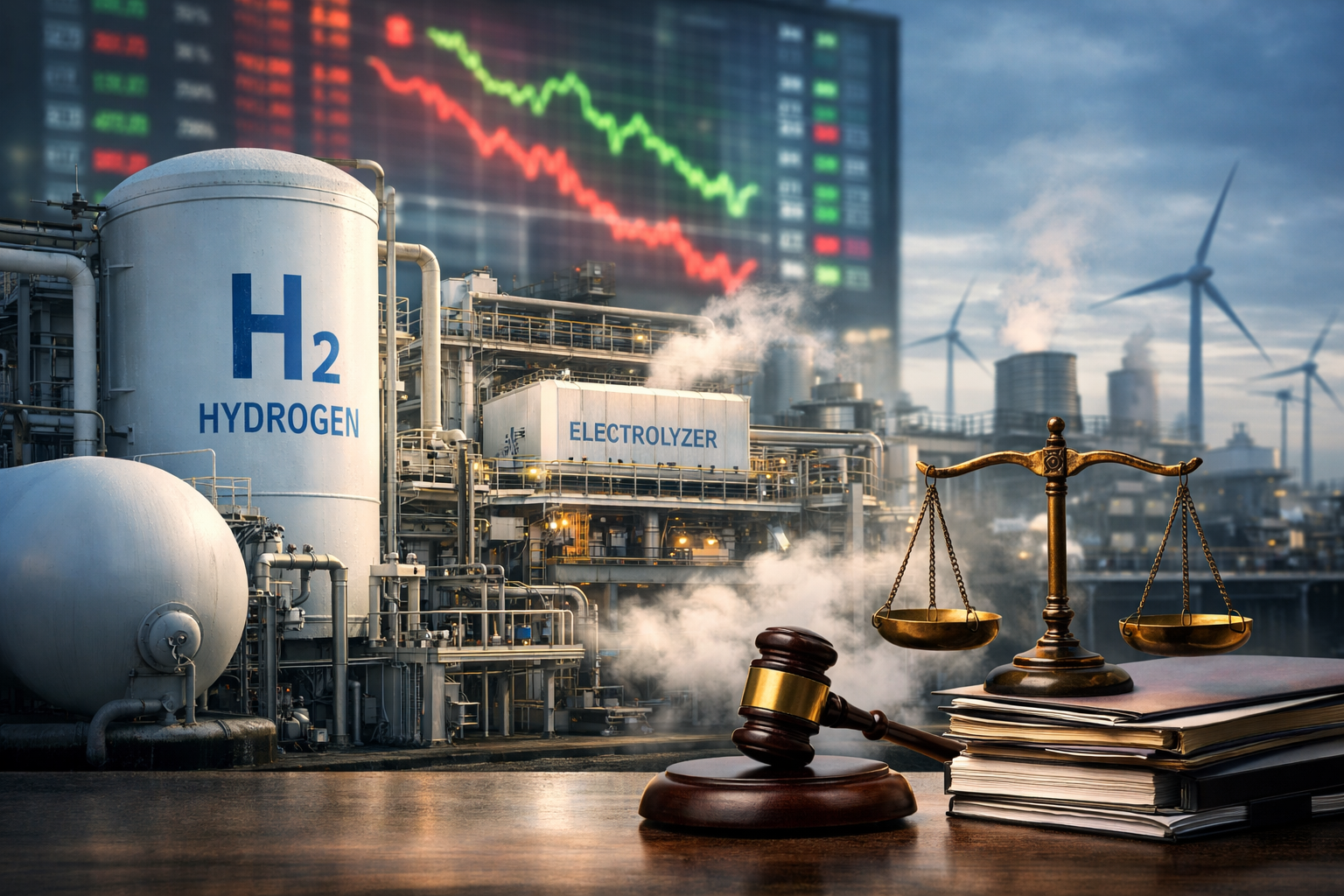 Photorealistic image of an industrial hydrogen production facility with storage tanks, pipes, wind turbines, and legal symbols in the foreground, representing scrutiny over the hydrogen sector amid market volatility and regulatory concerns.