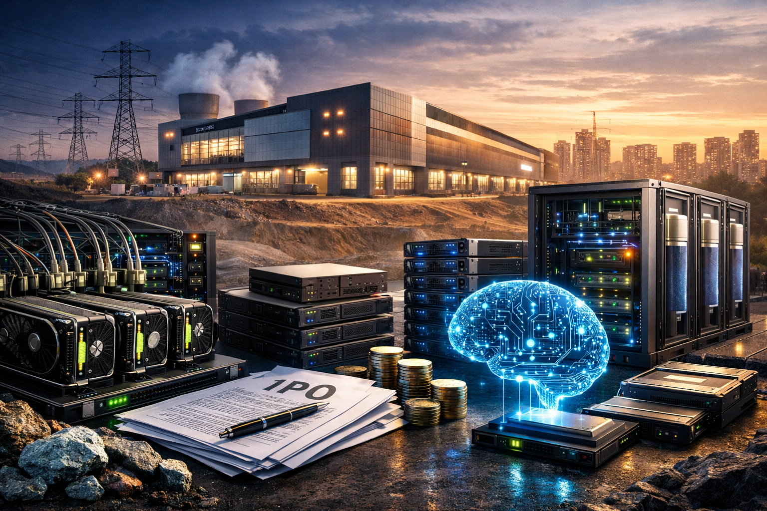 Photorealistic image of AI server hardware, data center infrastructure, and investment-themed elements arranged in an industrial setting at sunset, symbolizing growing public market interest in AI compute and digital infrastructure.
