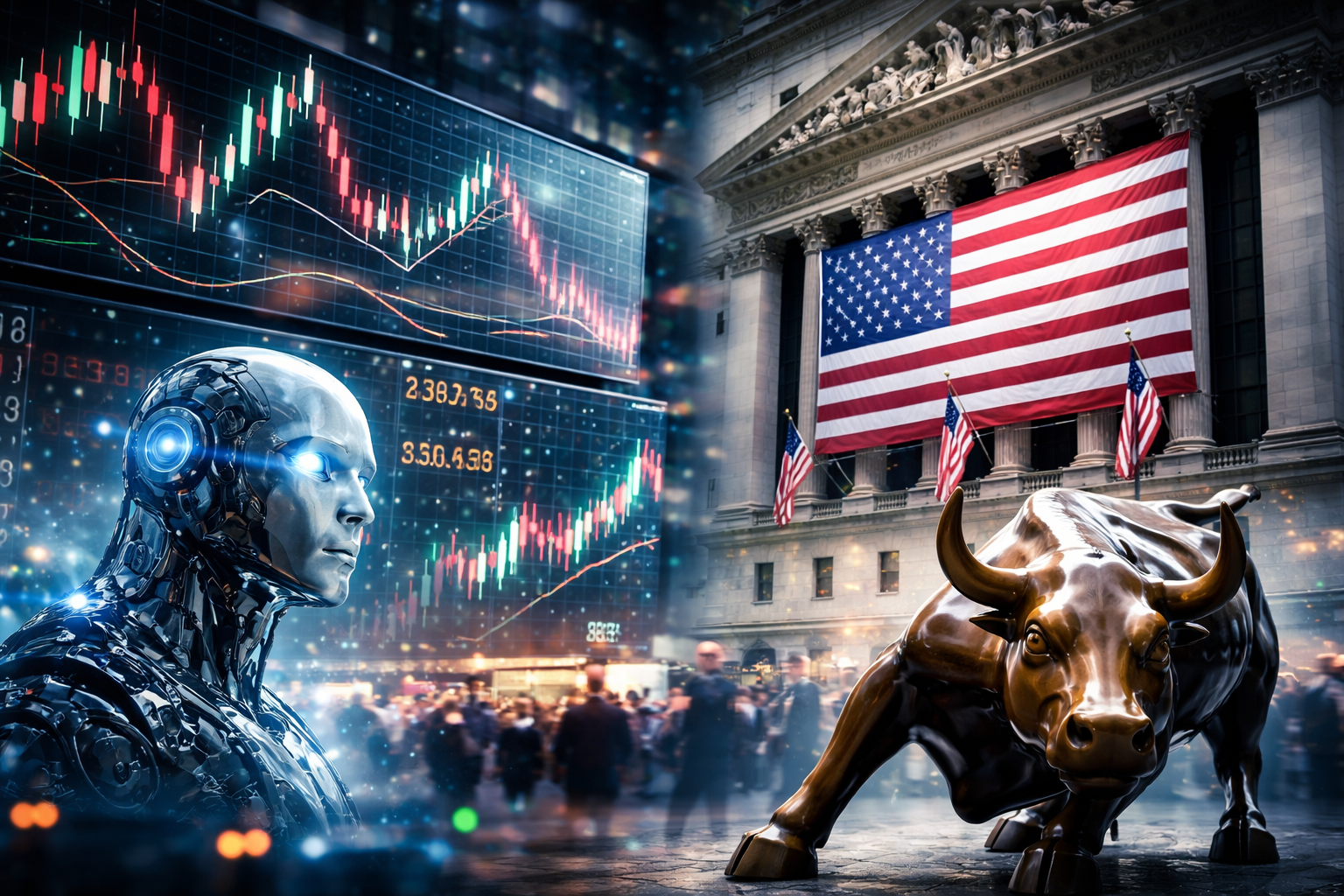 Photorealistic composite showing the NYSE facade with a large U.S. flag, the Wall Street bull statue in the foreground, and glowing AI-themed visuals and market candlestick charts to suggest rising volatility.