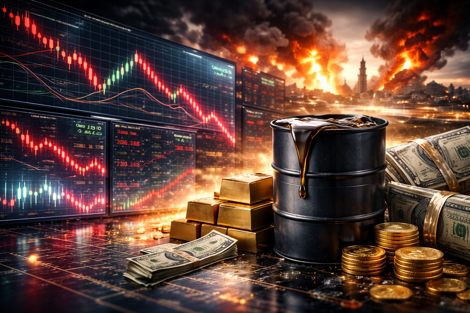 Photorealistic scene showing an overflowing black oil barrel beside stacked gold bars and bundled U.S. dollar cash, with large red-and-green stock charts trending downward on screens and a smoky, fire-lit skyline in the distance.