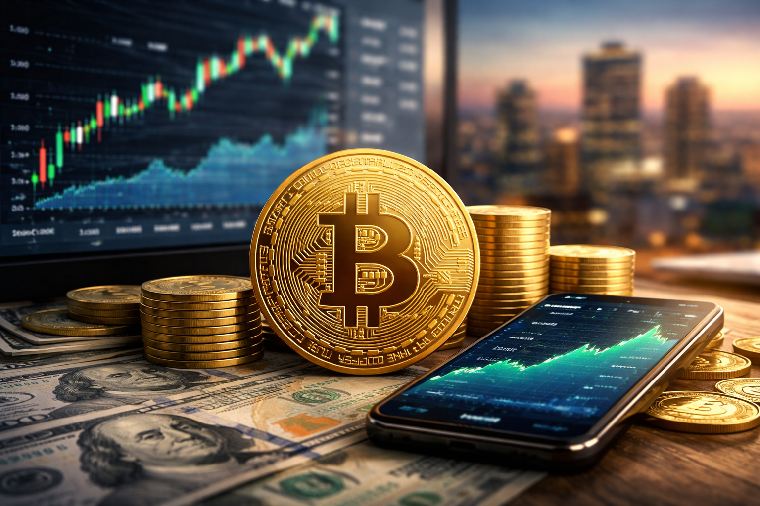 Photorealistic image of a gold Bitcoin coin and stacked tokens on U.S. dollar bills beside a smartphone displaying a rising market chart, with a blurred financial screen and city skyline in the background.