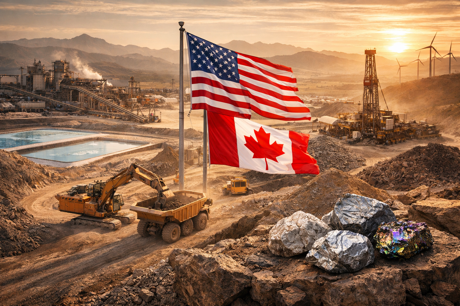 Photorealistic mining scene in North America showing an open-pit extraction site with heavy equipment, processing facilities, drilling infrastructure, mineral rocks in the foreground, and U.S. and Canadian flags against a sunset landscape.
