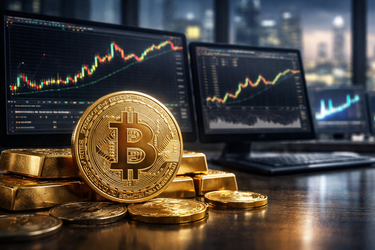 Photorealistic image of a physical Bitcoin coin displayed beside stacked gold bars on a desk, with trading monitors showing market charts in the background.