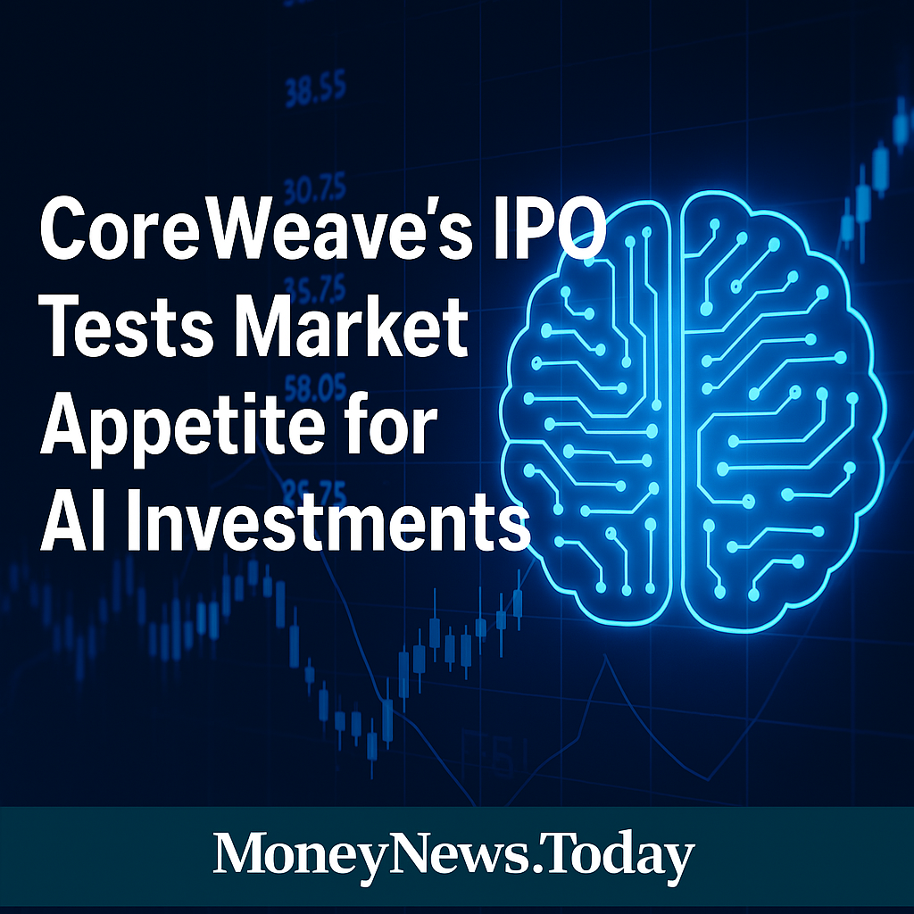 A glowing blue brain icon with interconnected circuits overlays a candlestick stock chart, symbolizing AI investments and market trends.