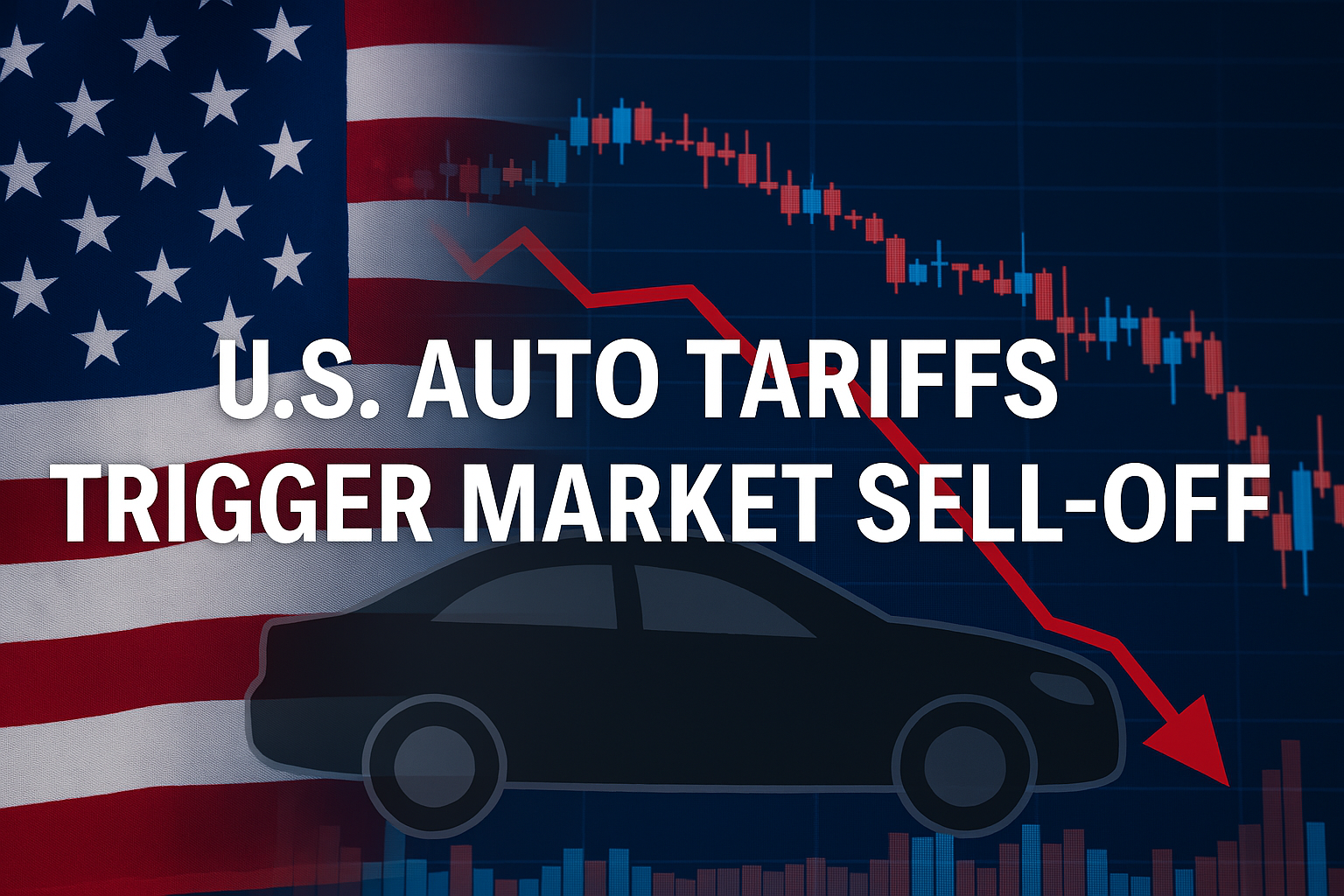 A U.S. flag, a silhouette of a car, and a downward-trending red stock chart represent the impact of auto tariffs on the stock market.