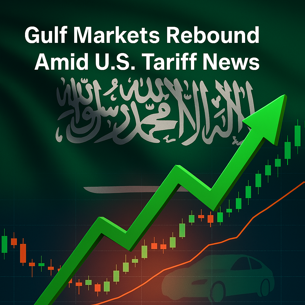 A digital financial chart with Saudi Arabia’s flag in the background, showing an upward trend with a green arrow, symbolizing the Gulf stock market rebound.