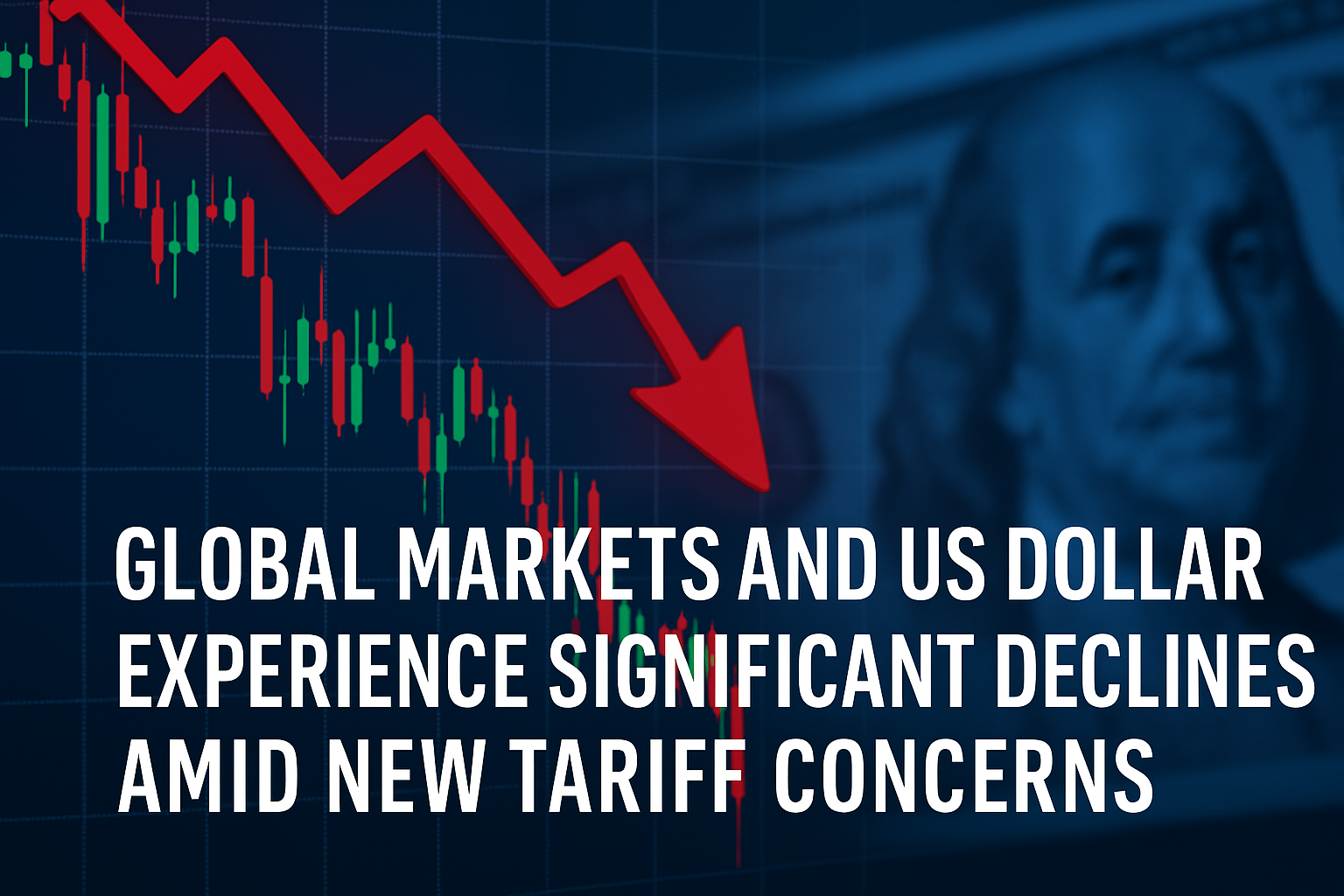 A red downward arrow, a fluctuating candlestick chart, and a partially blurred US dollar bill symbolizing global market decline.