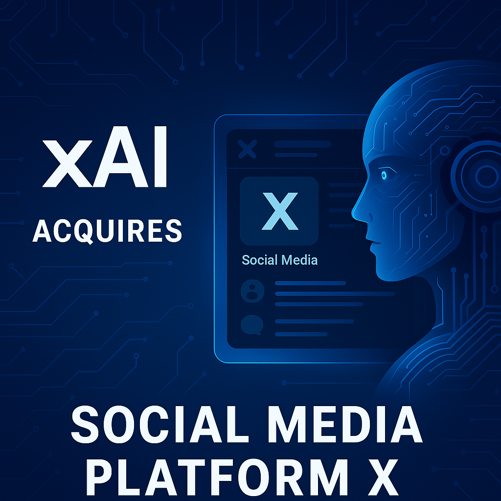 A futuristic digital graphic illustrating xAI's acquisition of social media platform X, featuring AI elements and a social media interface.