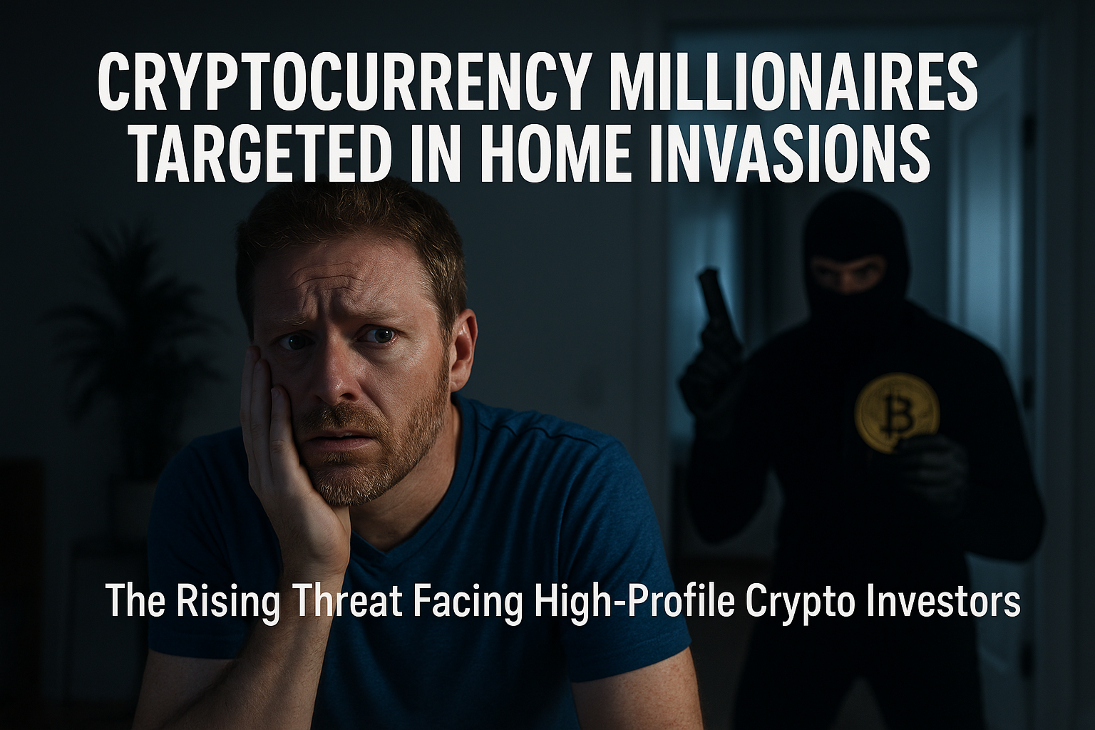 A fearful man sitting in a dimly lit room with an intruder lurking in the background, holding a gold Bitcoin coin and a firearm.