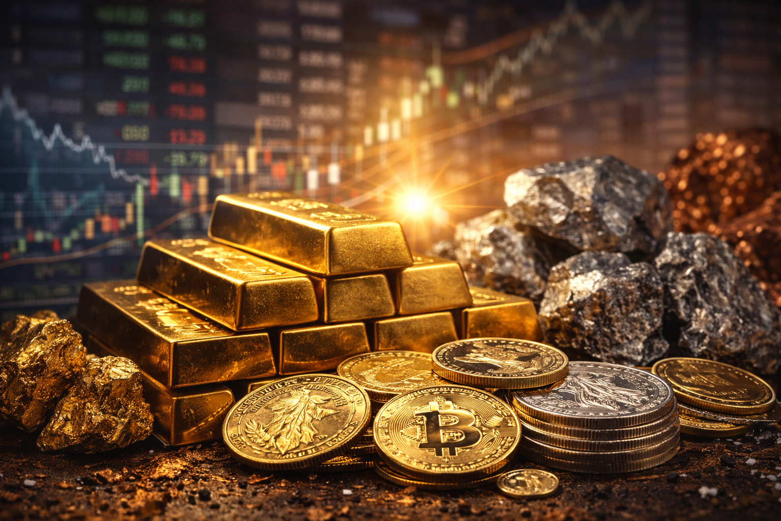 Photorealistic close-up of stacked gold bars with scattered gold and silver coins and rough silver ore, set in front of a blurred trading screen with rising candlestick charts.