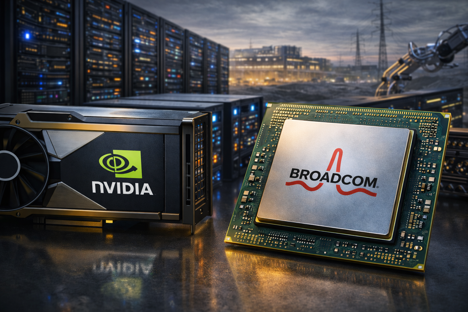 Close-up of two advanced semiconductor components on a reflective surface in front of glowing server racks, with power transmission towers and industrial equipment visible in the hazy background.