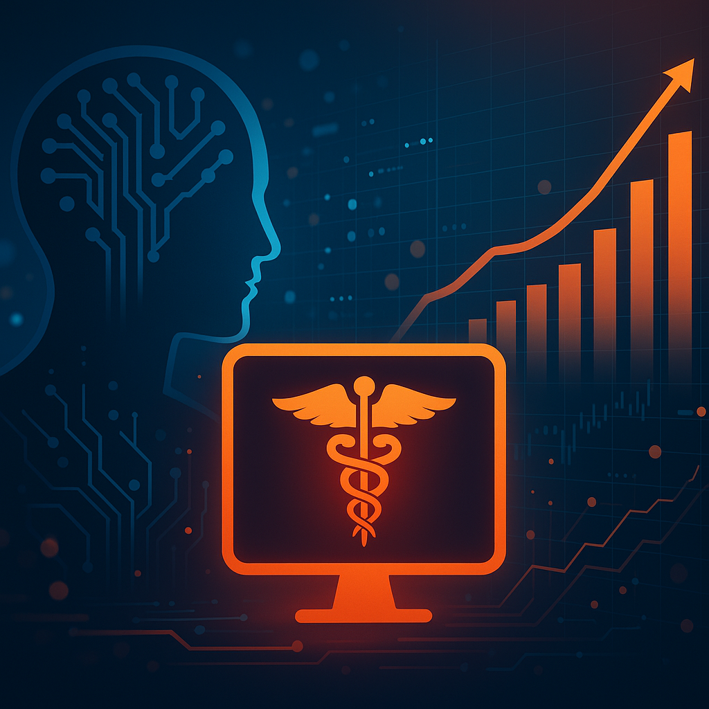 Illustration of a human silhouette with a circuit board brain, a glowing medical caduceus on a screen, and a rising bar chart, symbolizing AI integration in healthcare and financial growth.