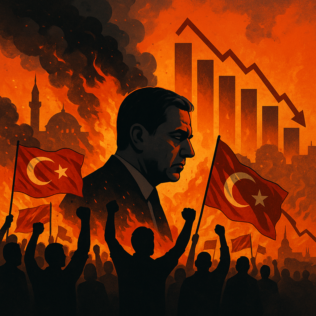 Protesters wave Turkish flags amid flames and smoke with a silhouette of a political figure and a falling stock market graph in the background.