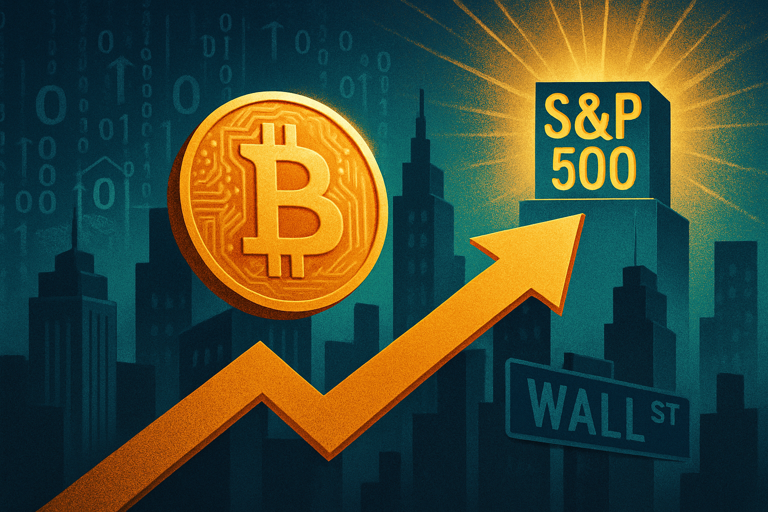 An abstract representation of a golden cryptocurrency coin rising up a Wall Street skyline toward the S&P 500 pedestal, blending digital and traditional finance symbols.