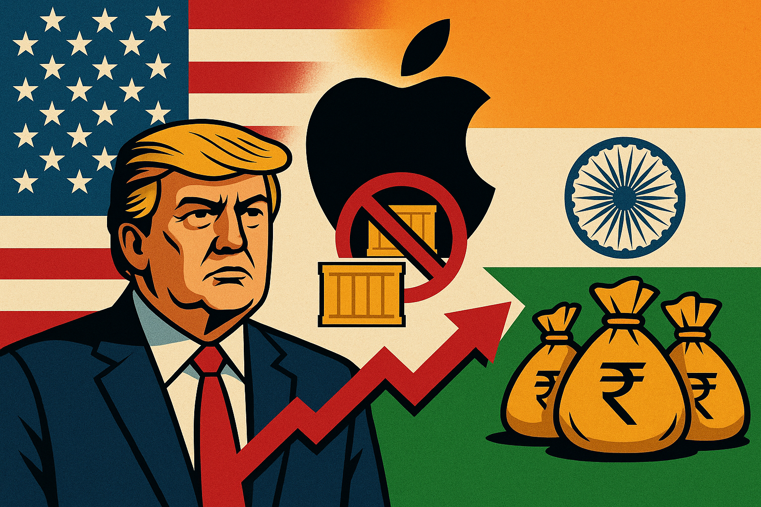 Illustration showing Donald Trump in front of a U.S. flag, the Apple logo with a no-tariff symbol in the center, and money bags with rupee signs beside the Indian flag, all connected by a red upward arrow.
