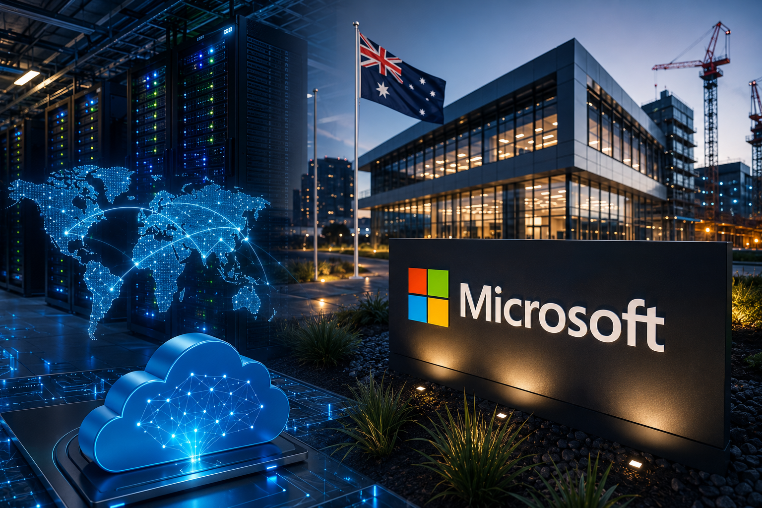 Photorealistic image of a modern data center campus with server racks, cloud computing visuals, global network connections, construction cranes, and an Australian flag symbolizing Microsoft’s AI infrastructure expansion.