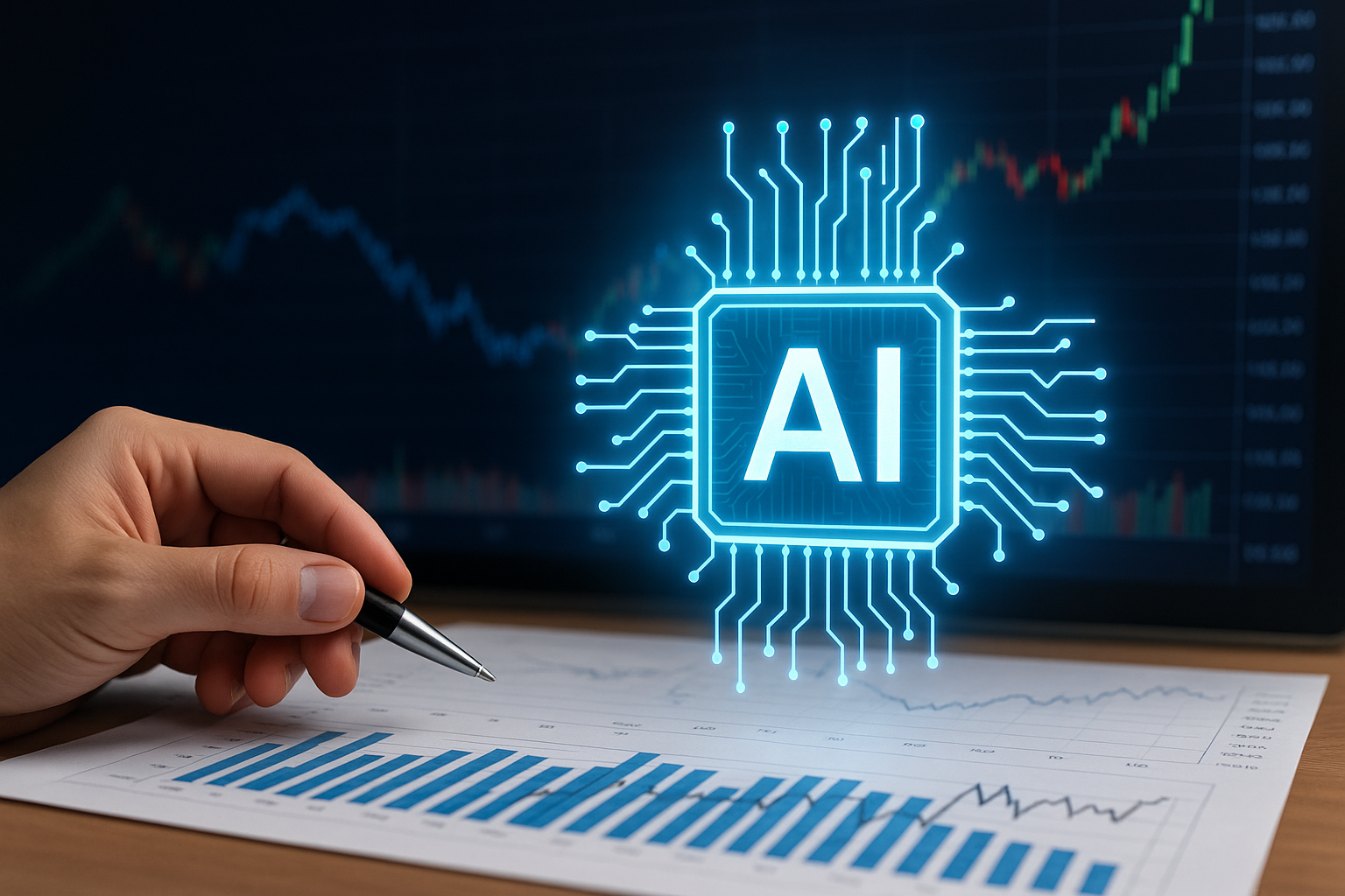 Investor analyzing financial charts with a glowing AI microchip hologram representing artificial intelligence and market technology trends.