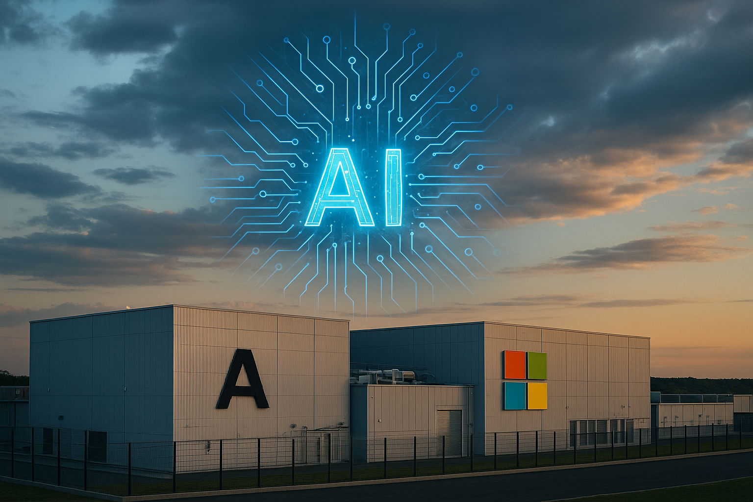 Photorealistic image of modern U.S. data-centre buildings at sunset with a glowing digital AI circuit graphic in the sky, symbolizing large-scale AI infrastructure expansion.