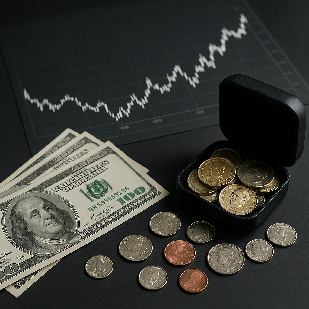 Photorealistic scene showing U.S. dollars, assorted coins, and a rising financial chart, symbolizing declining cash reserves and heightened risk-taking in global markets.