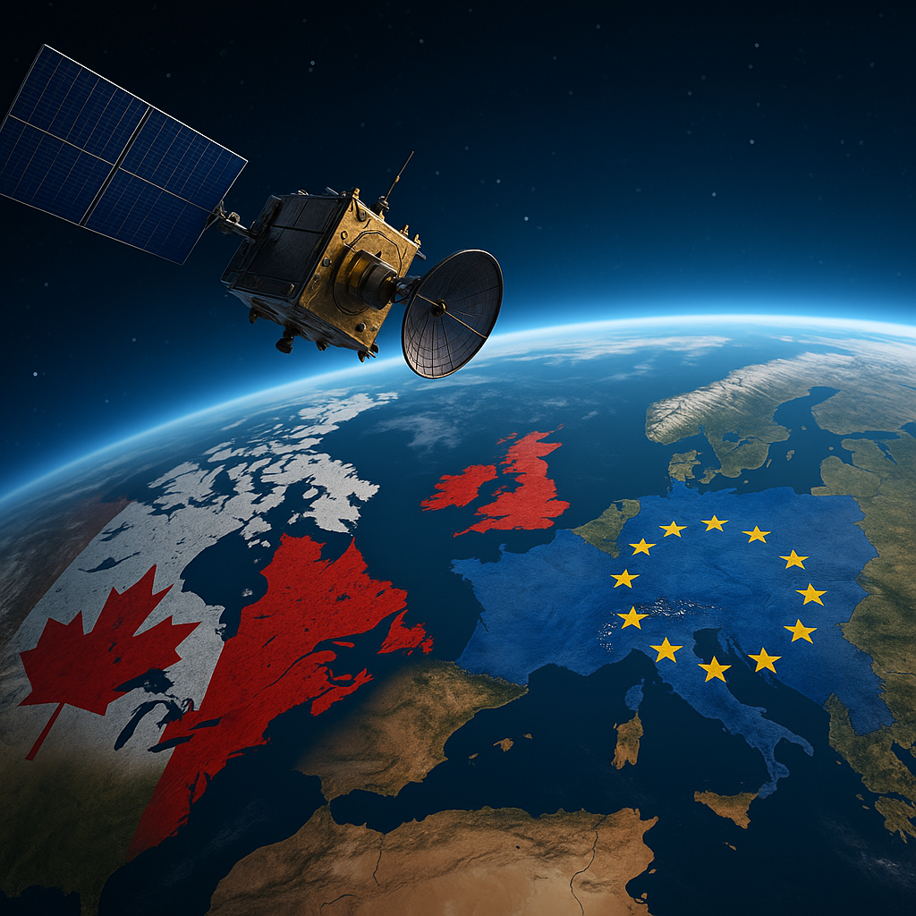 A satellite orbits above Earth with Canada and Europe highlighted below, symbolizing expanding aerospace cooperation.