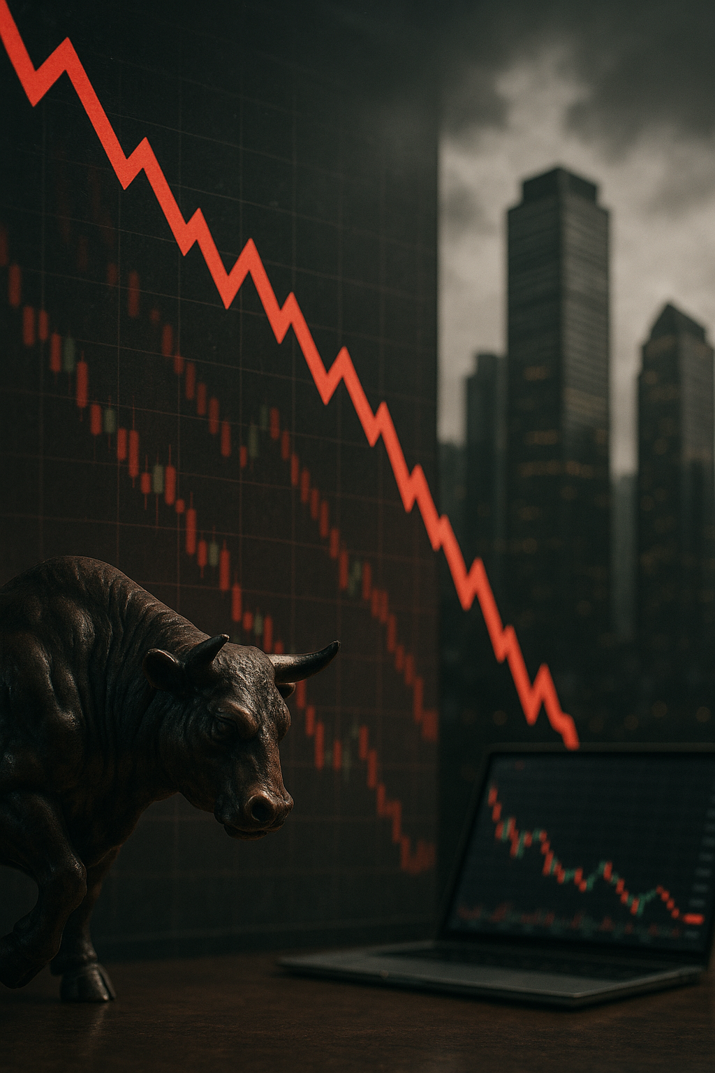 Bronze bull figurine in front of a stock market chart showing a steep downward red trend line, with skyscrapers and a laptop displaying falling prices in the background, symbolizing an equity selloff.
