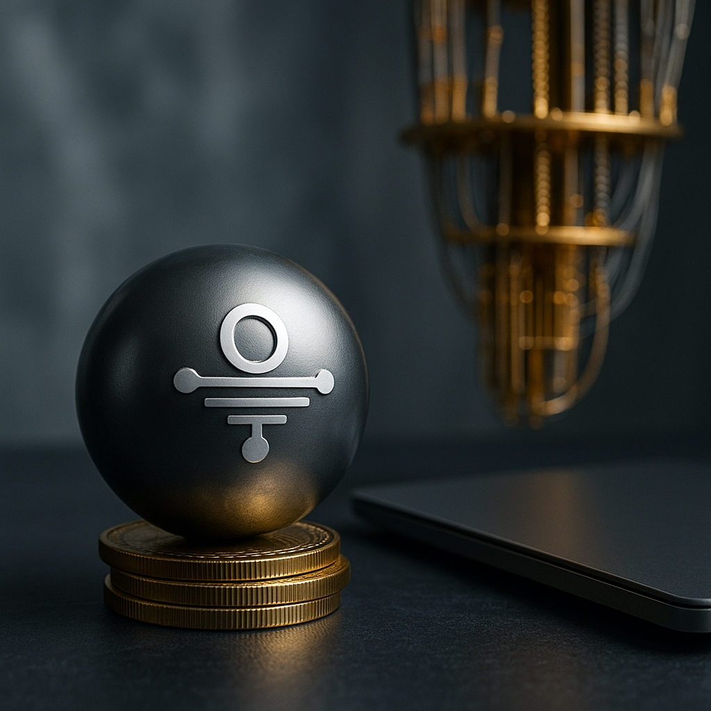 A photorealistic metallic sphere with a quantum circuit symbol resting on stacked gold coins beside a sleek device, with a blurred quantum computer structure in the background.