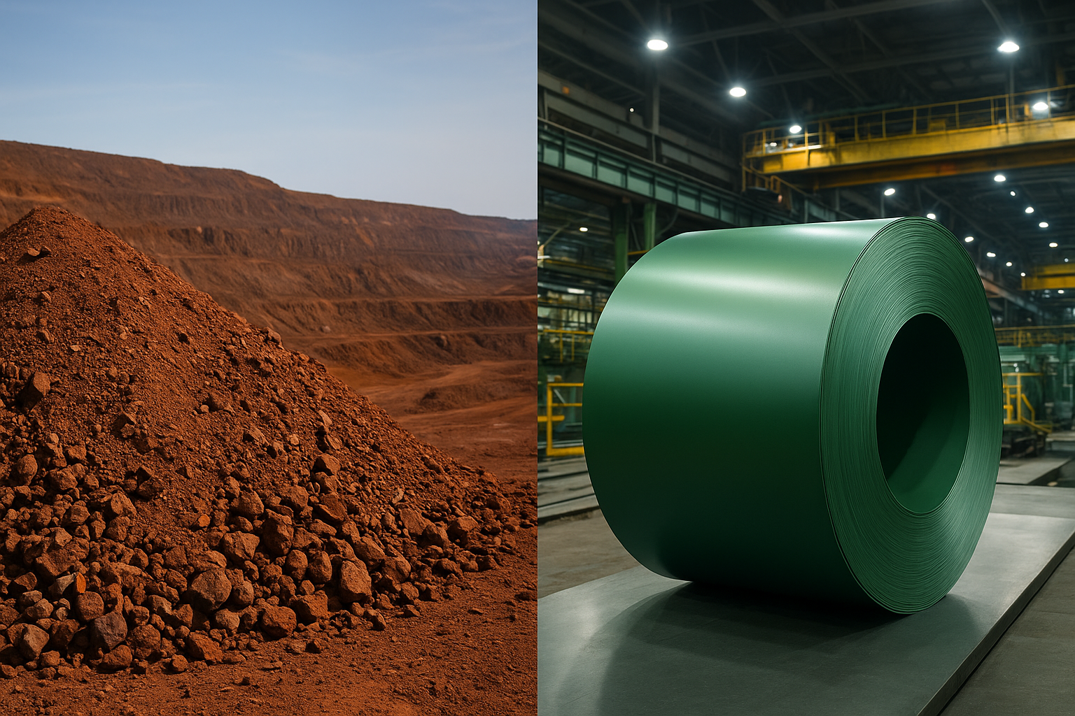 A split image showing a mound of iron ore in an open-pit mine beside a green steel coil in a modern industrial facility, symbolizing the contrast between raw materials and sustainable steel production.