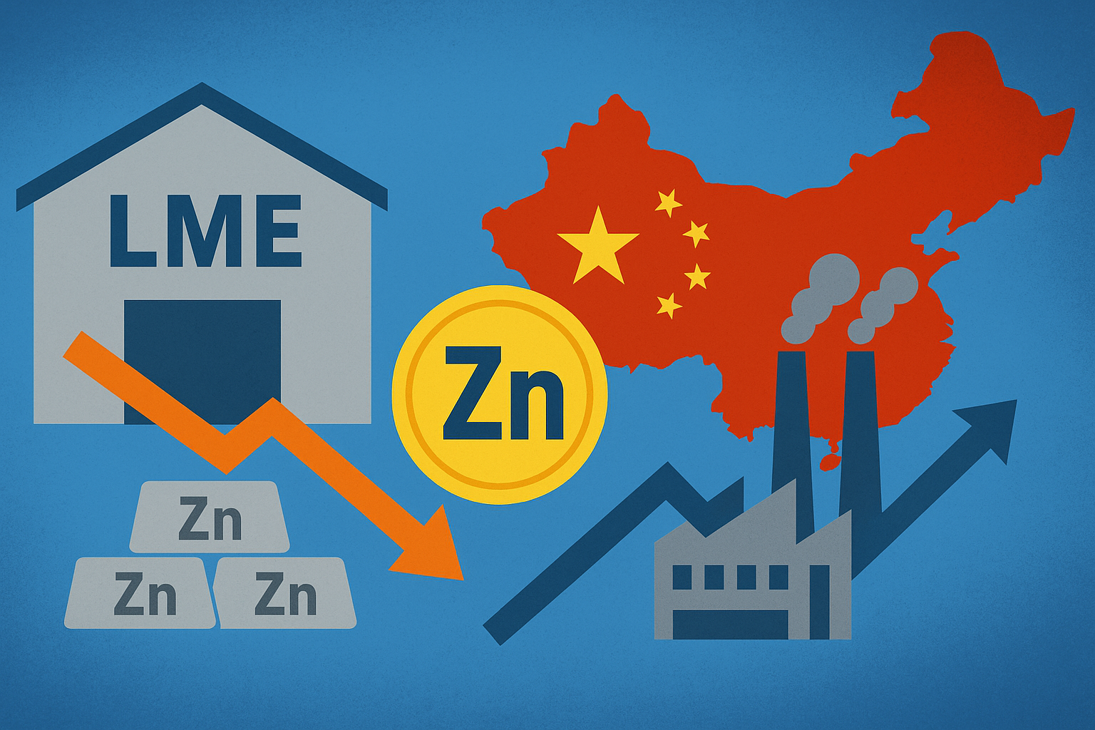 Illustration showing depleted zinc inventories at the LME, a zinc coin symbolizing global supply, China’s map with factories, and contrasting downward and upward arrows.