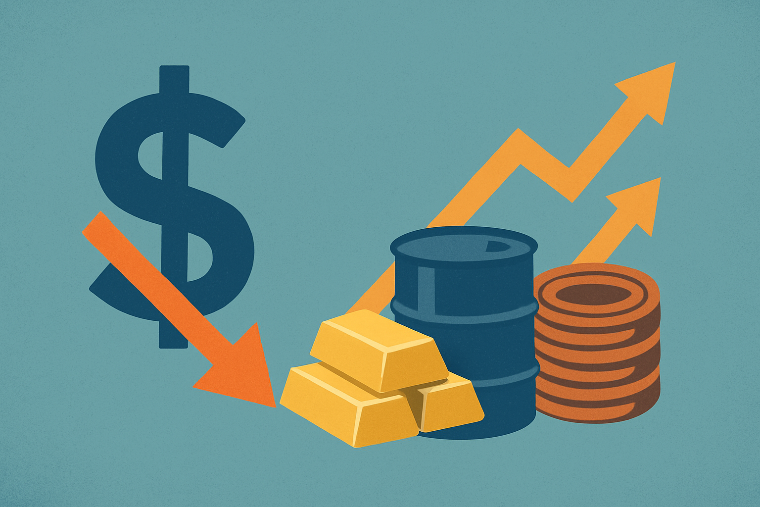 Illustration showing a weakening U.S. dollar symbol contrasted with rising commodity icons such as gold bars, oil barrels, and copper coils.
