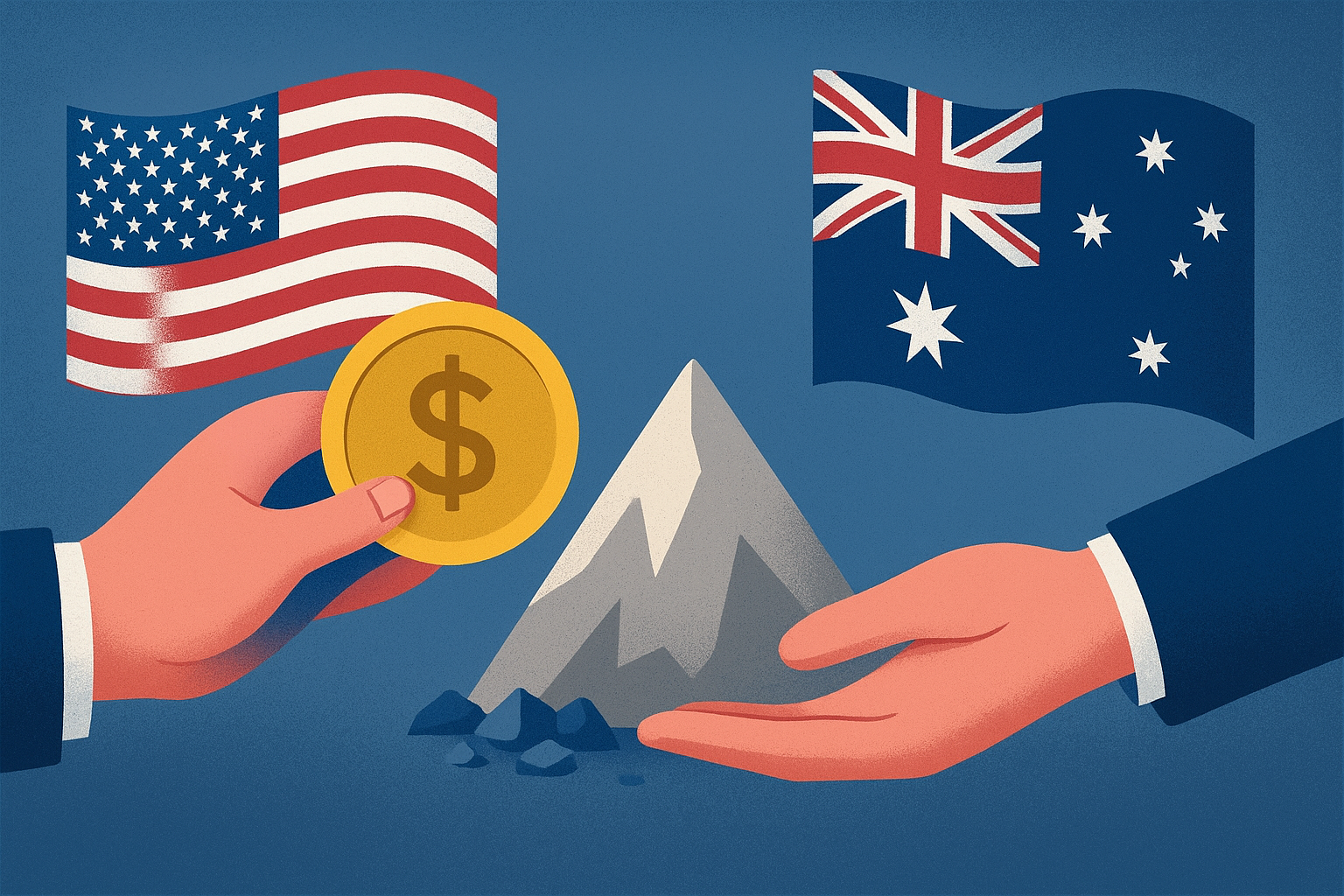 Illustration of U.S. and Australian flags with hands exchanging a gold coin and minerals in front of a mountain symbolizing critical mineral resources.