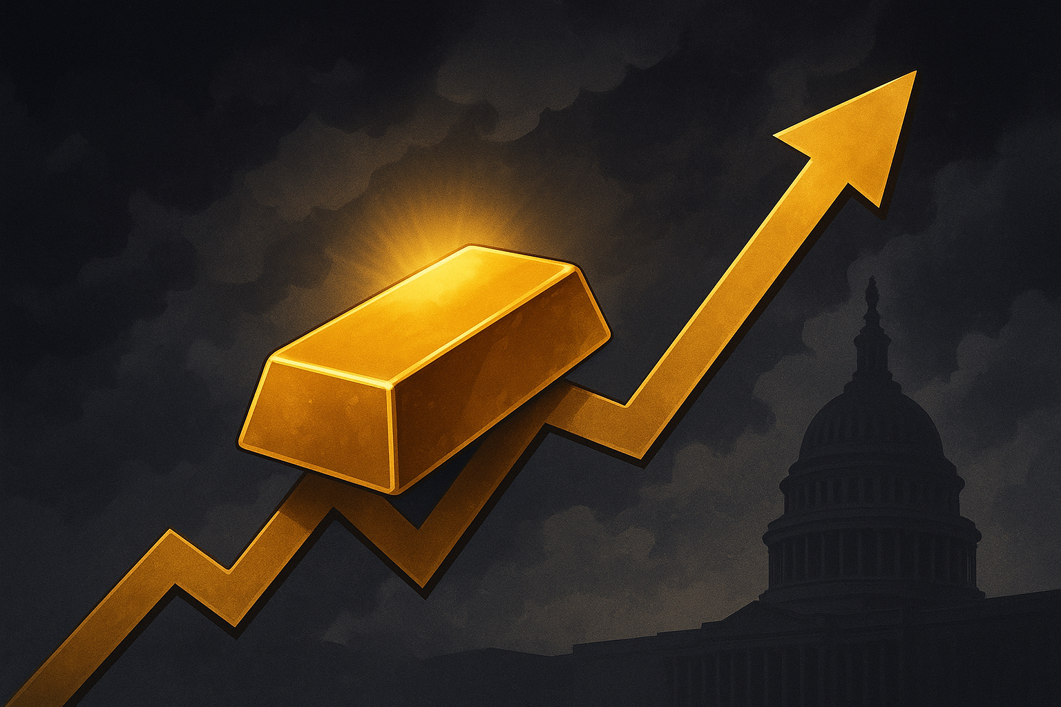 Illustration of a glowing gold bar atop a rising graph line with a backdrop of storm clouds and a U.S. Capitol silhouette.